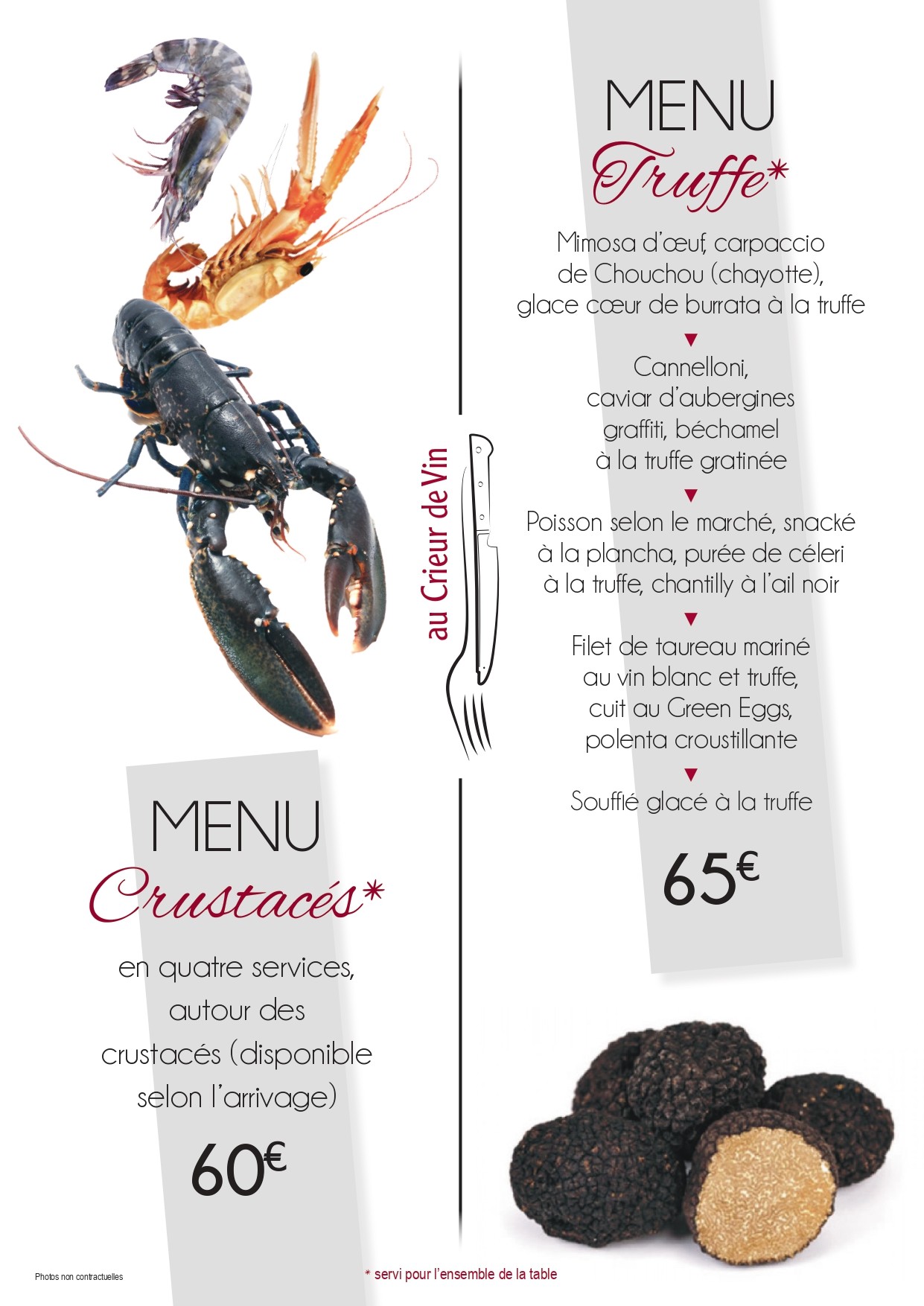 Menu Crustacés et Truffe - Restaurant Au Crieur de vin - 2023-07-21